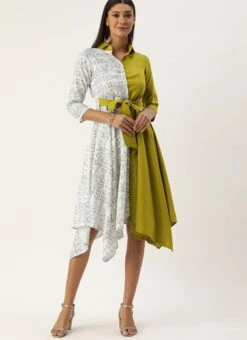 Olive Green N White Asymmetrical Shirt Dress After Six Wear -C Bazaar Shop Olive Green N White Asymmetrical Shirt Dress DRBS02105396 u