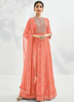 Peach Georgette Tikki Work Anarkali Suit Party Wear -C Bazaar Shop Orange Georgette Tikki Work Anarkali Suit SLSAJ25081179 u