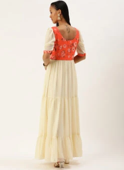 Orange N Off White Printed Dress Festive Wear -C Bazaar Shop Orange N Off White Printed Dress DRBS02303892 b