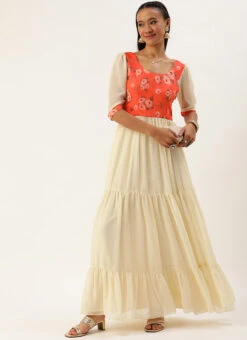 Orange N Off White Printed Dress Festive Wear -C Bazaar Shop Orange N Off White Printed Dress DRBS02303892 u