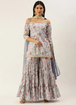 Top From Pale Blue Lily Art Silk Printed Gharara Set After Six Wear -C Bazaar Shop Pale Blue Lily Art Silk Printed Gharara Set SLBS02302281 u 1