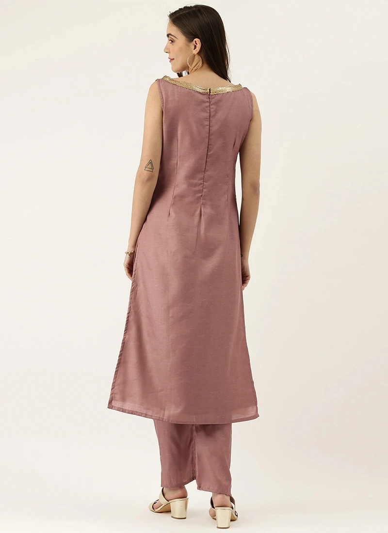 Pale Mauve Satin Boat Neck N Straight Pant Suit Festive Wear 4 Pale Mauve Satin Boat Neck N Straight Pant Suit Festive Wear - Image 4