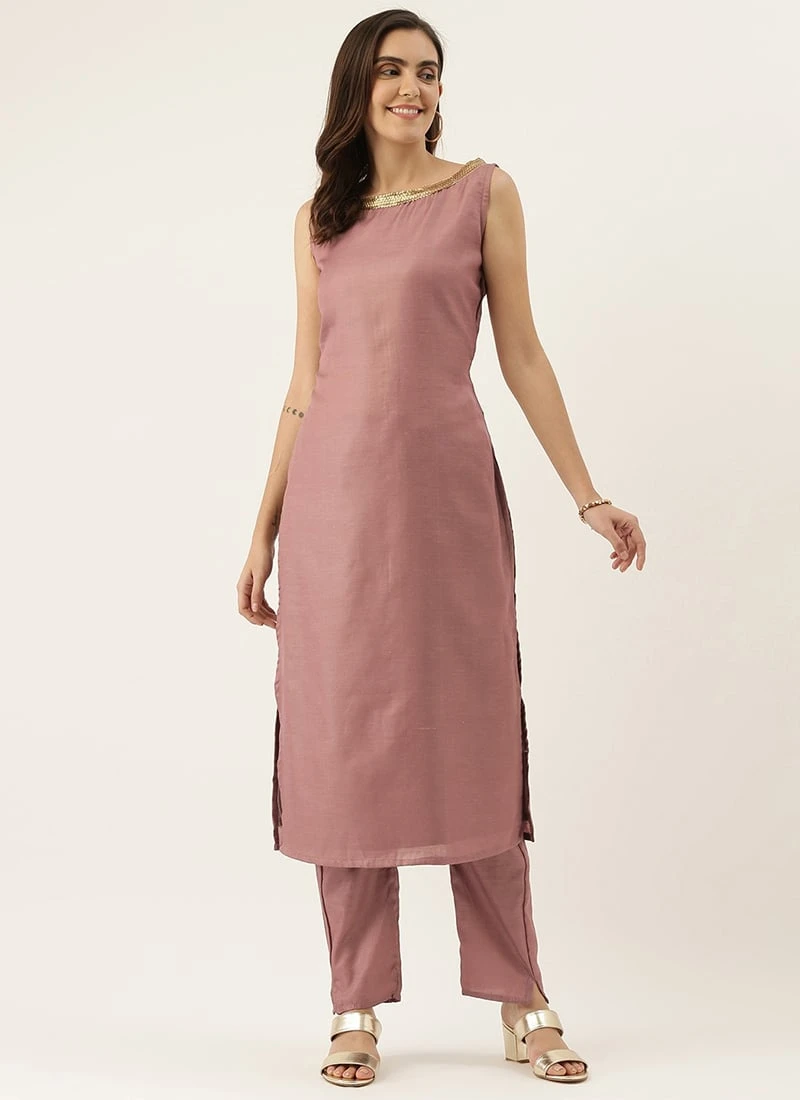 Pale Mauve Satin Boat Neck N Straight Pant Suit Festive Wear 3 Pale Mauve Satin Boat Neck N Straight Pant Suit Festive Wear - Image 3