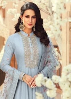 Pastel Blue Dola Silk Embroidered N Stones Anarkali Suit Party Wear -C Bazaar Shop Pastel Blue Dola Silk Embroidered N Stones Anarkali Suit SLSLI130314063 b