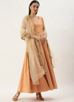 Dupatta From Peach Art Silk Jacquard Gown With Dupatta After Six Wear -C Bazaar Shop Peach Art Silk Jacquard Gown With Dupatta IWBS02302268 u