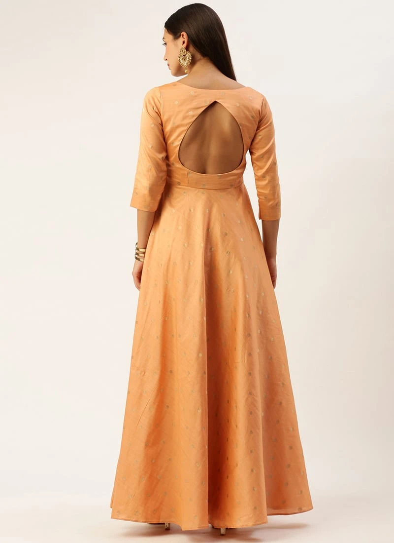 Peach Art Silk Jacquard Pleated Yoke Gown Wedding Wear 4 Peach Art Silk Jacquard Pleated Yoke Gown Wedding Wear - Image 4