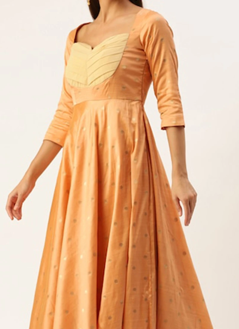 Peach Art Silk Jacquard Pleated Yoke Gown Wedding Wear 1 Peach Art Silk Jacquard Pleated Yoke Gown Wedding Wear