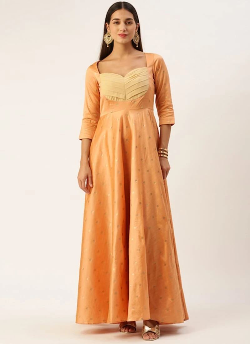 Peach Art Silk Jacquard Pleated Yoke Gown Wedding Wear 3 Peach Art Silk Jacquard Pleated Yoke Gown Wedding Wear - Image 3