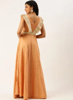 Peach Art Silk Jacquard Ruffled Dress Festive Wear 11 Peach Art Silk Jacquard Ruffled Dress Festive Wear -C Bazaar Shop Peach Art Silk Jacquard Ruffled Dress DRBS02211144 b