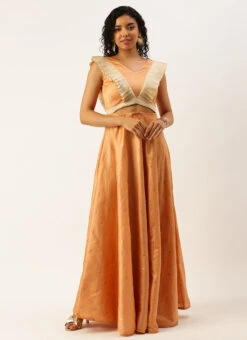 Peach Art Silk Jacquard Ruffled Dress Festive Wear 10 Peach Art Silk Jacquard Ruffled Dress Festive Wear -C Bazaar Shop Peach Art Silk Jacquard Ruffled Dress DRBS02211144 u