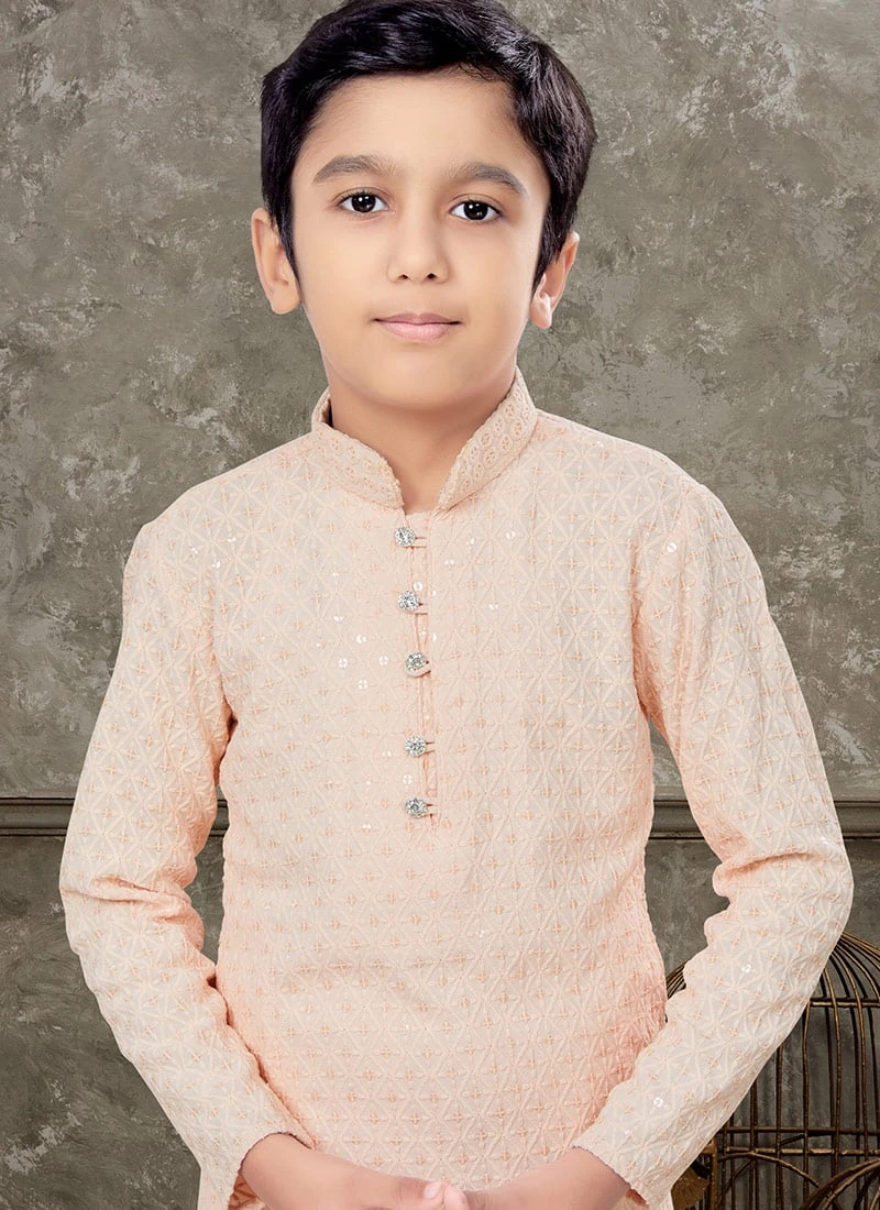 Peach Blended Cotton Kids Boys Kurta Pyjama Party Wear 3 Peach Blended Cotton Kids Boys Kurta Pyjama Party Wear - Image 3