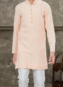 Peach Blended Cotton Kids Boys Kurta Pyjama Party Wear
