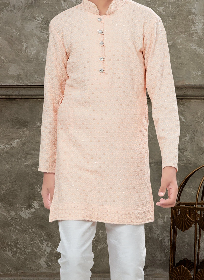 Peach Blended Cotton Kids Boys Kurta Pyjama Party Wear 1 Peach Blended Cotton Kids Boys Kurta Pyjama Party Wear