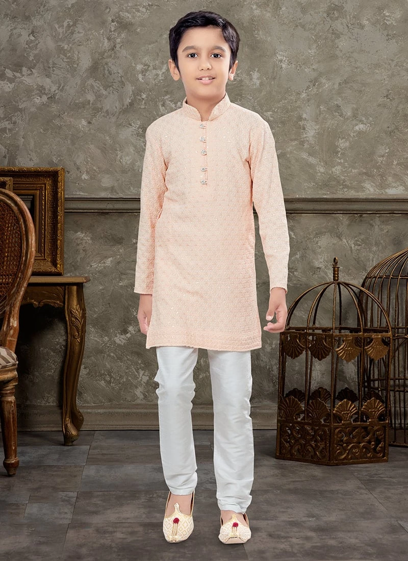 Peach Blended Cotton Kids Boys Kurta Pyjama Party Wear 2 Peach Blended Cotton Kids Boys Kurta Pyjama Party Wear - Image 2