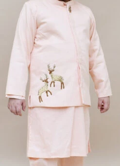 Peach Cotton Silk Embroidered Boys Bandi Set