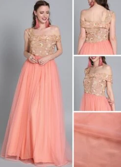 Peach Embroiderd Flap Style Flared Gown Party Wear -C Bazaar Shop Peach Embroiderd Flap Style Flared Gown IWBS01910312 gl
