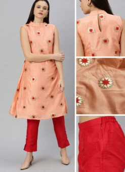 Peach Embroidered Fabric Kurta Straight Pant Set Festive Wear -C Bazaar Shop Peach Embroidered Fabric Kurta Straight Pant Set KSBS01912107 gl