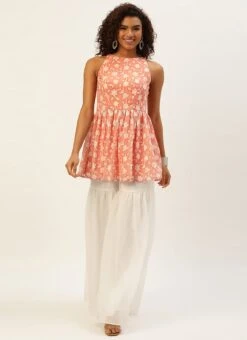 Top From Peach Embroidered Georgette Gharara Suit After Six Wear -C Bazaar Shop Peach Embroidered Georgette Gharara Suit IWBS02209755 u