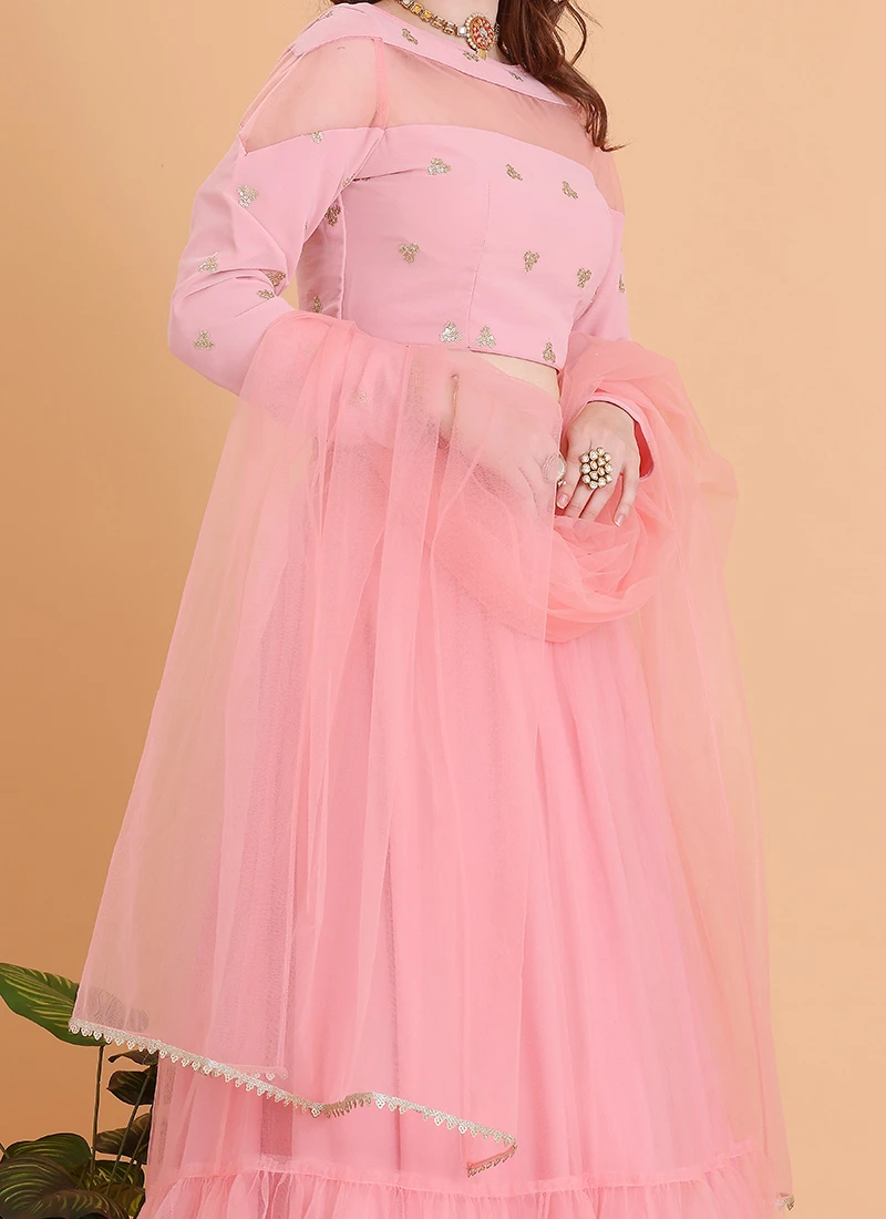 Dupatta From Peach Embroidered Georgette Lehenga Set After Six Wear 1 Dupatta From Peach Embroidered Georgette Lehenga Set After Six Wear
