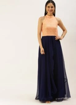 Peach Embroidered N Navy Blue Gown Wedding Wear -C Bazaar Shop Peach Embroidered N Navy Blue Gown IWBS02205095 u