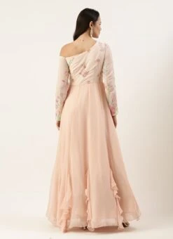 Peach Embroidered One Shoulder Ruffle Gown Party Wear -C Bazaar Shop Peach Embroidered One Shoulder Ruffle Gown IWBS02204750 b