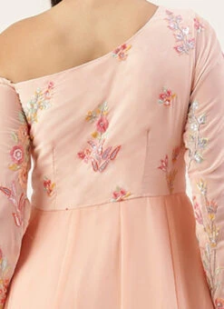 Peach Embroidered One Shoulder Ruffle Gown Party Wear -C Bazaar Shop Peach Embroidered One Shoulder Ruffle Gown IWBS02204750 rrc2