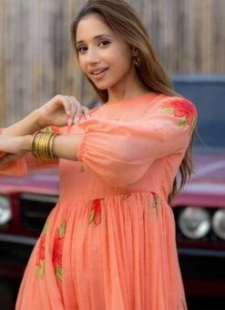 Peach Faux Chiffon Digital Print Fit And Flare Dress After Six Wear -C Bazaar Shop Peach Faux Chiffon Digital Print Fit And Flare Dress DRSSUF1303 b