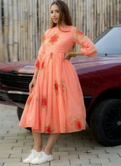 Peach Faux Chiffon Digital Print Fit And Flare Dress After Six Wear -C Bazaar Shop Peach Faux Chiffon Digital Print Fit And Flare Dress DRSSUF1303 u