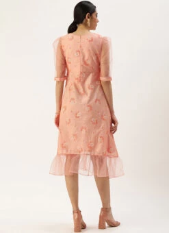 Peach Foil Printed A Line Dress After Six Wear -C Bazaar Shop Peach Foil Printed A Line Dress DRBS02209710 b
