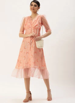 Peach Foil Printed A Line Dress After Six Wear -C Bazaar Shop Peach Foil Printed A Line Dress DRBS02209710 u