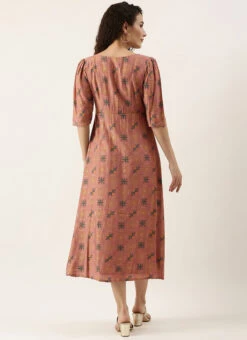 Peach Foil Printed A Line Dress Work Wear -C Bazaar Shop Peach Foil Printed A line Dress DRBS02111070 b