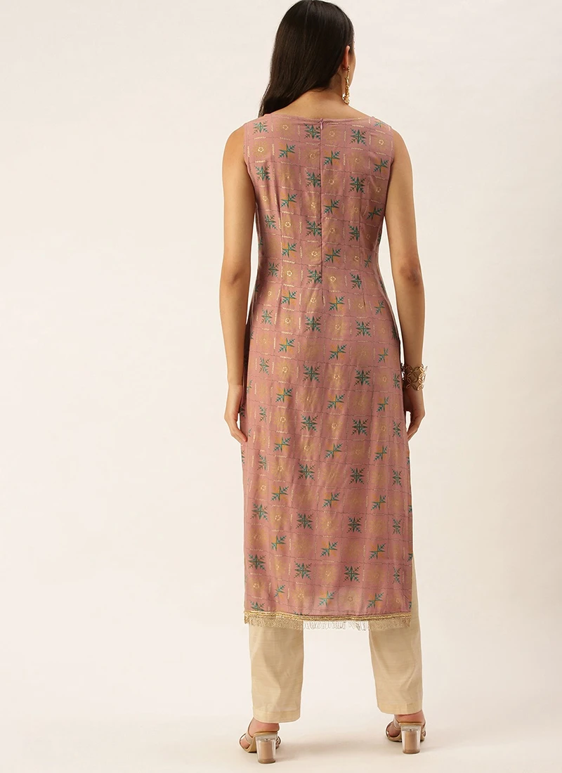 Peach Foil Printed Kurta N Straight Pant Set Festive Wear Work Wear 4 Peach Foil Printed Kurta N Straight Pant Set Festive Wear Work Wear - Image 4