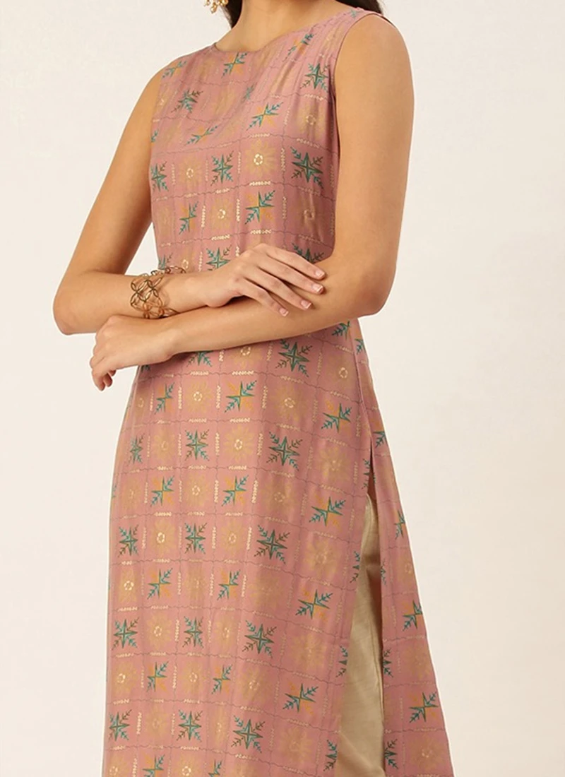 Peach Foil Printed Kurta N Straight Pant Set Festive Wear Work Wear 1 Peach Foil Printed Kurta N Straight Pant Set Festive Wear Work Wear