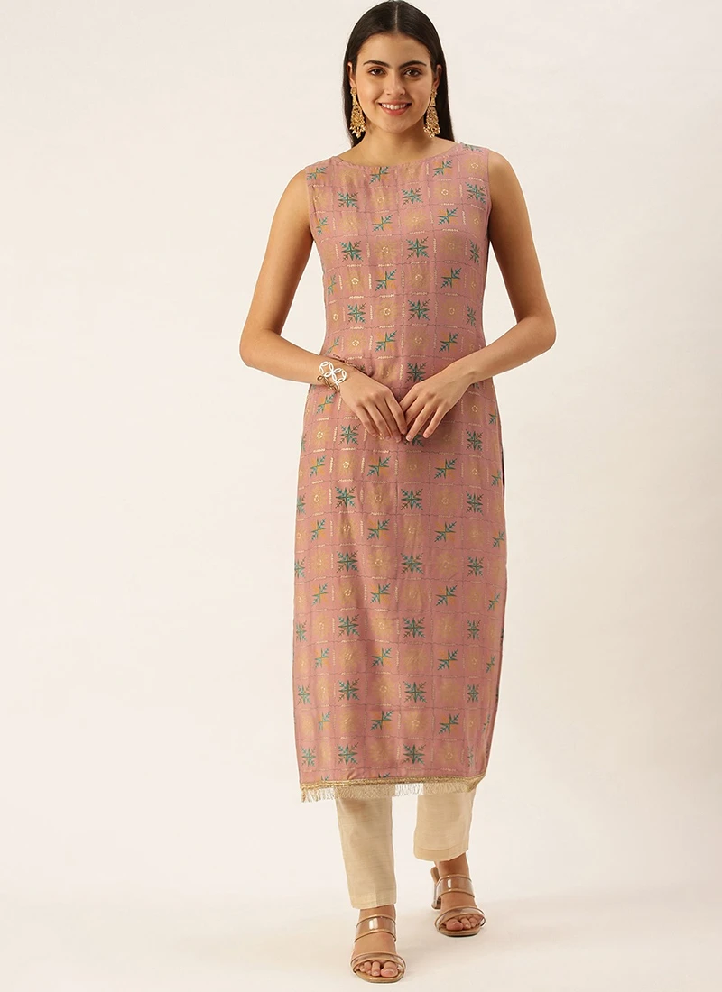 Peach Foil Printed Kurta N Straight Pant Set Festive Wear Work Wear 3 Peach Foil Printed Kurta N Straight Pant Set Festive Wear Work Wear - Image 3