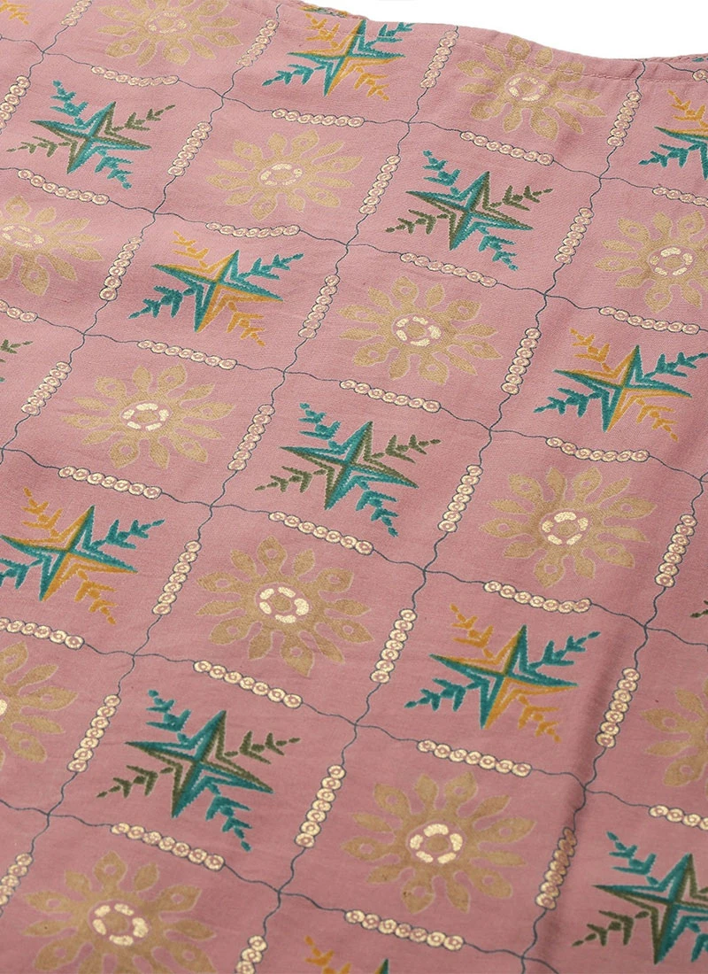 Peach Foil Printed Kurta N Straight Pant Set Festive Wear Work Wear 5 Peach Foil Printed Kurta N Straight Pant Set Festive Wear Work Wear - Image 5