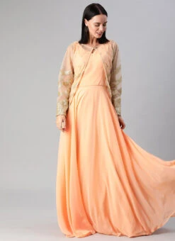 Peach Georgette Gown N Embroidered Jacket Festive Wear -C Bazaar Shop Peach Georgette Gown N Embroidered Jacket IWBS01912936 u