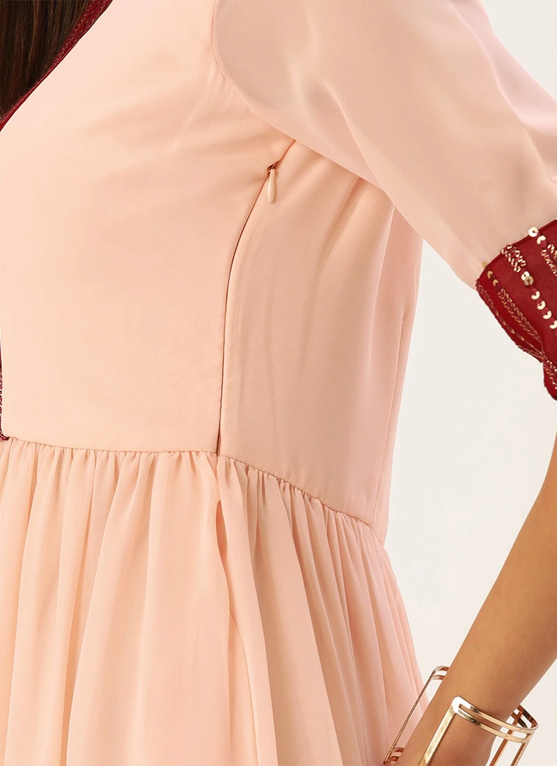 Peach N Maroon Embroidered Gathered Dress Festive Wear 5 Peach N Maroon Embroidered Gathered Dress Festive Wear - Image 5