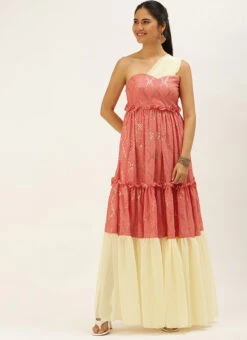 Peach N White Embroidered Tiered Maxi Dress Festive Wear -C Bazaar Shop Peach N White Embroidered Tiered Maxi Dress DRBS02206302 u