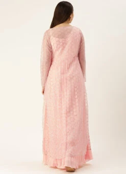 Peach Pleated Georgette Gown N Embroidered Jacket Party Wear 11 Peach Pleated Georgette Gown N Embroidered Jacket Party Wear -C Bazaar Shop Peach Pleated Georgette Gown N Embroidered Jacket IWBS02304051 b