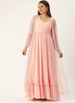 Peach Pleated Georgette Gown N Embroidered Jacket Party Wear 10 Peach Pleated Georgette Gown N Embroidered Jacket Party Wear -C Bazaar Shop Peach Pleated Georgette Gown N Embroidered Jacket IWBS02304051 u