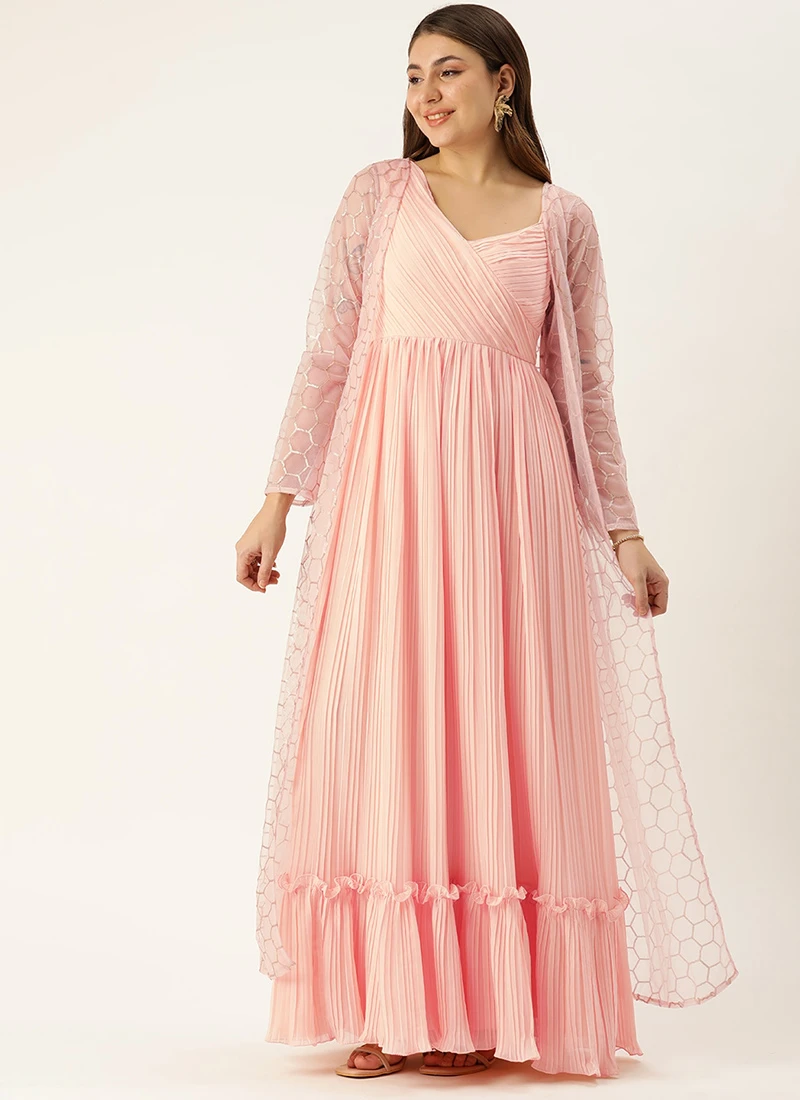 Peach Pleated Georgette Gown N Embroidered Jacket Party Wear 3 Peach Pleated Georgette Gown N Embroidered Jacket Party Wear - Image 3
