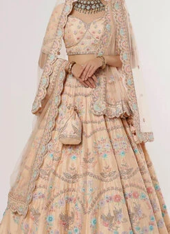 Peach Raw Silk Embroidery Lehenga Choli With Dupatta Wedding Wear