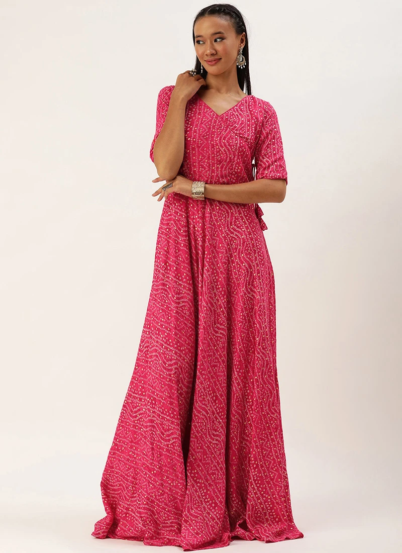 Pink Bandhani Printed Angarkha Gown Festive Wear 3 Pink Bandhani Printed Angarkha Gown Festive Wear - Image 3