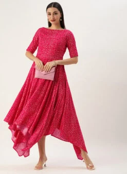 Pink Bandhani Printed Rayon Dress Festive Wear -C Bazaar Shop Pink Bandhani Printed Rayon Dress DRBS02302261 u