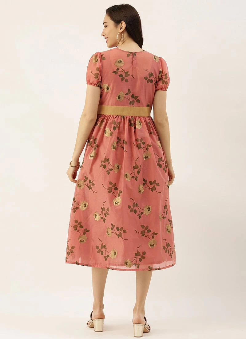 Pink Chanderi Silk Puff Sleeve Dress Festive Wear 4 Pink Chanderi Silk Puff Sleeve Dress Festive Wear - Image 4