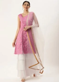 Bottom From Pink Chinon Embroidered N White Sharara Suit After Six Wear -C Bazaar Shop Pink Chinon Embroidered N White Sharara Suit SLBS02210939 u 1