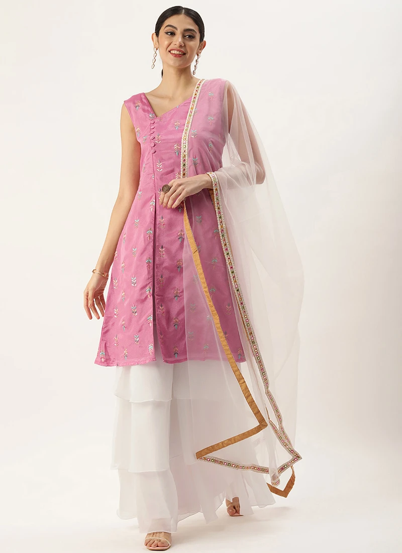 Top From Pink Chinon Embroidered N White Sharara Suit After Six Wear 3 Top From Pink Chinon Embroidered N White Sharara Suit After Six Wear - Image 3