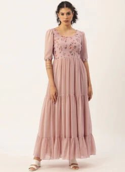 Pink Digital Printed Gathers Dress Festive Wear After Six Wear -C Bazaar Shop Pink Digital Printed Gathers Dress DRBS02110847 u 1