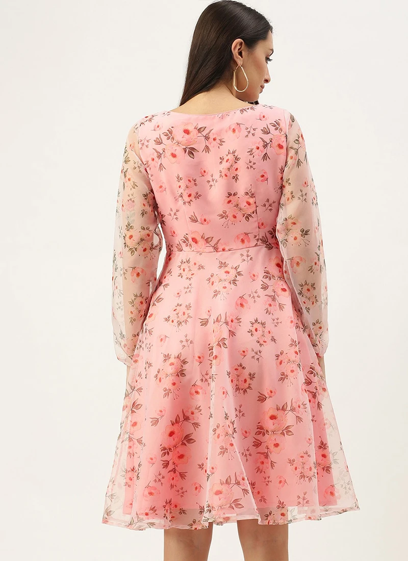 Pink Digital Printed Organza Knee Length Dress After Six Wear 4 Pink Digital Printed Organza Knee Length Dress After Six Wear - Image 4