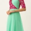 Pink Embroidered N Turquoise Overlapping Style Gown Festive Wear